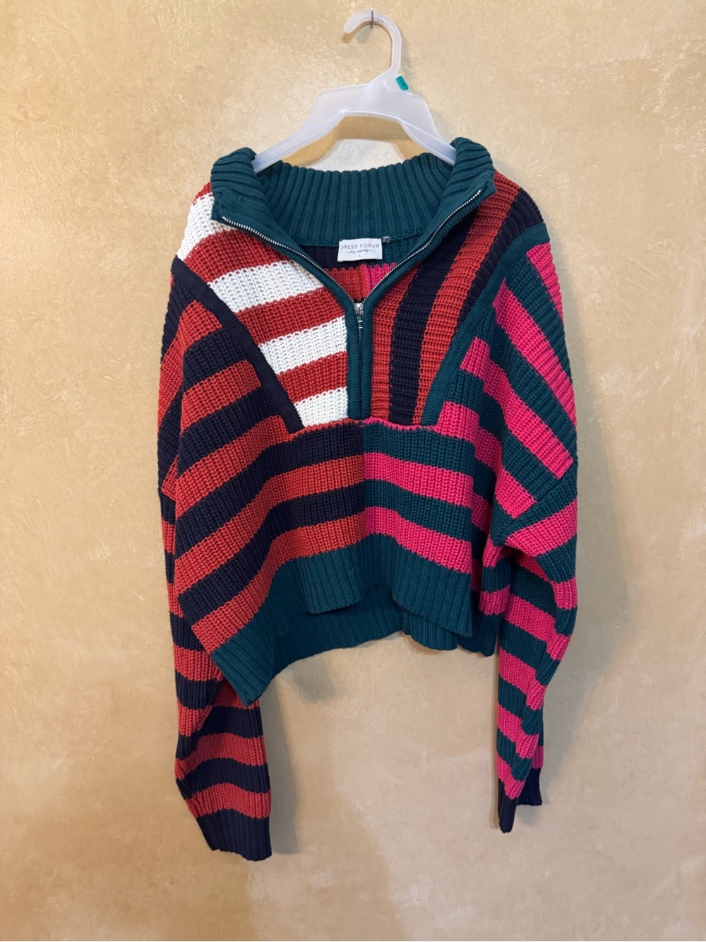 Striped Half-Zip Chunky Knit Sweater - Green Multi